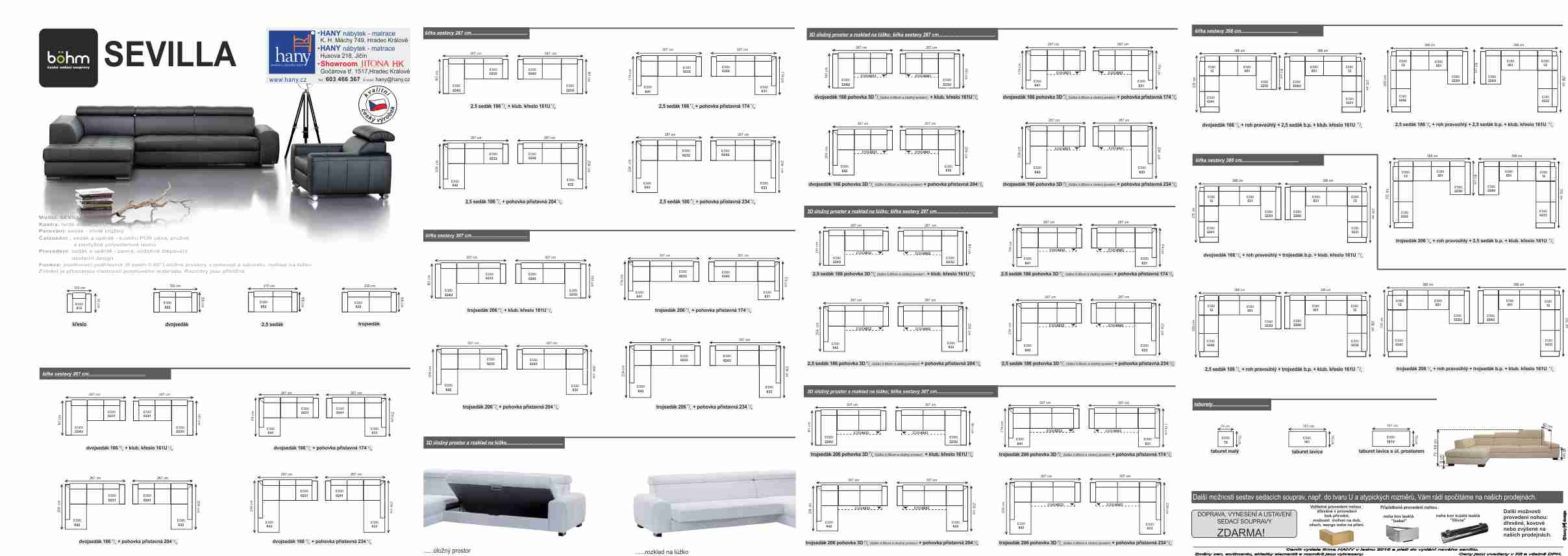 Rozměrové sestavy sedací soupravy SEVILLA výrobce BÖHM, HANY nábytek matrace Hradec Králové a Jičín 